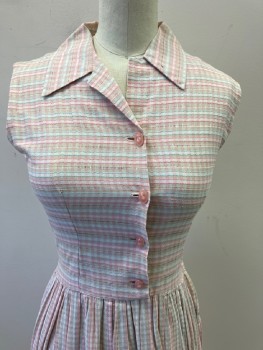 N/L, Multi-color, Cotton, Stripes - Pin, C.A. Slvls, B.F.,Placket, CF Pleats, Pink/ Lt Blue Fagoting And Double Embroiderred Stripes, Pleats At Skirt,  Side Zipper