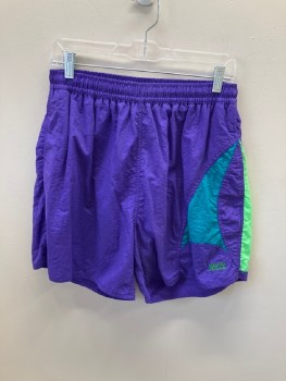 Mens, Shorts, TRACK FAT, Purple, Nylon, Color Blocking, W:30, M, Crinkle Texture, Elastic Waist, Drawstring, 2 Pckts, Teal And Dayglo Green Inserts At Left Hip, "Newport Blue" Logo In Green, Nylon Underpant