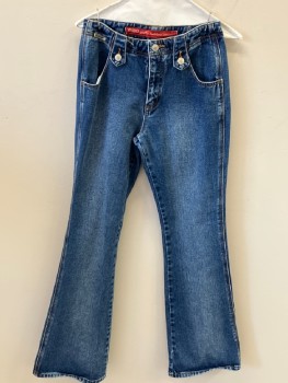 Womens, Jeans, REVOLT, Dk Blue, Cotton, Solid, 28/32, Zip Front, Btn Tab & Regular Belt Loops, 4 Pckts, Boot Cut, Distressed Areas