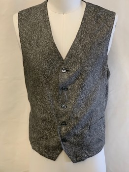 Mens, Vest, PERRY ELLIS, Black, Gray, Off White, Rayon, Paisley/Swirls, Solid, C:38, Button Front, 2 Pockets, Back Half Belt