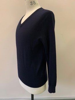Mens, Pullover Sweater, J CREW, Navy Blue, Wool, Solid, M, L/S, V Neck