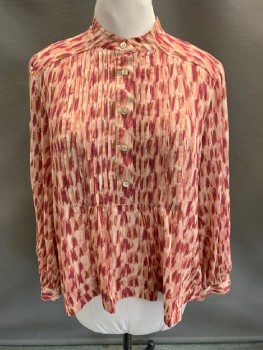 Womens, Blouse, JOIE, Peachy Pink, Magenta Purple, Brown, Cotton, Abstract , M, Brush Stroke Pattern, Collar Band, Vertical Pleated Bib, 1/2 B.F., Gathered at Back Yoke, L/S