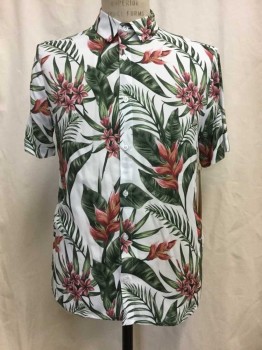 Mens, Hawaiian Shirt, TOPMAN, White, Green, Pink, Purple, Brown, Viscose, Tropical , Floral, S, Button Front, Collar Attached, Short Sleeves,