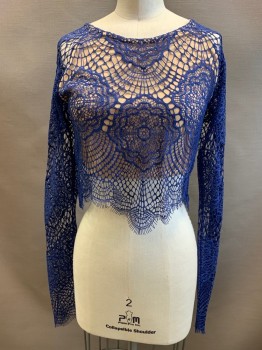 Womens, Top, FOR LOVE AND LEMONS, Royal Blue, Lt Beige, Nylon, Polyester, Geometric, S, Ballet Neck, Long Sleeves, Sheer Lace Crop Top, Eyelash Edges, Beige Spandex Lining Attached to Bodice