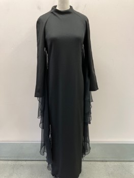 Womens, Evening Gown, MISS ELLIETTE, Black, Polyester, Solid, W:31, B:36, H:38, Jewel Neck, L/S  With  Bell Chiffon Attached At Sleeves & CB Zipper