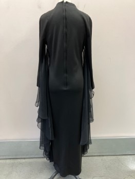 Womens, Evening Gown, MISS ELLIETTE, Black, Polyester, Solid, W:31, B:36, H:38, Jewel Neck, L/S  With  Bell Chiffon Attached At Sleeves & CB Zipper