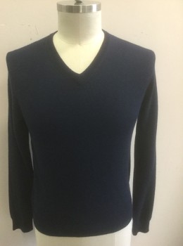 Mens, Pullover Sweater, BARNEY'S NEW YORK, Navy Blue, Wool, Solid, L, Knit, Long Sleeves, V-neck