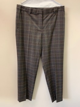 Womens, Slacks, THEORY, Charcoal Gray, Brown, Camel Brown, Wool, Plaid, 6, F.F, Side Pockets, Zip Front, Belt Loops, Multiples