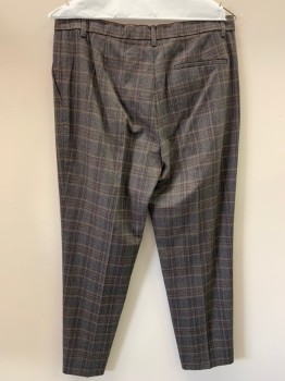 Womens, Slacks, THEORY, Charcoal Gray, Brown, Camel Brown, Wool, Plaid, 6, F.F, Side Pockets, Zip Front, Belt Loops, Multiples