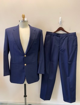 Mens, Suit, Jacket, MTO, Navy Blue, Gold, Wool, Solid, 44 L, Notched Lapel, 3 Pockets, 2 Gold Buttons on Front,  3 Gold Buttons at End of Each Sleeve