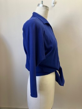 SAINT GERMAIN, Blue, Poly/Cotton, Solid, Tie Waist Top, C.A., B.F., Shoulder Pads, Dolman Long Sleeves, Back Gathers Into Band At Waist