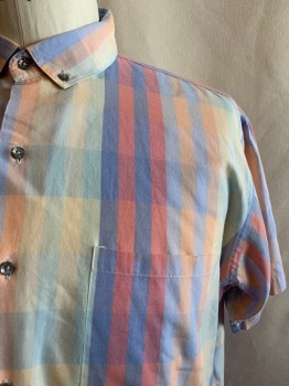 Mens, Casual Shirt, CLASSIC , Sea Foam Green, Lt Yellow, Blue, Coral Pink, Orange, Cotton, Polyester, Stripes, 2XL, Button Down Collar, Button Front, Short Sleeves, 1 Pocket *Missing Last Button*