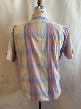 Mens, Casual Shirt, CLASSIC , Sea Foam Green, Lt Yellow, Blue, Coral Pink, Orange, Cotton, Polyester, Stripes, 2XL, Button Down Collar, Button Front, Short Sleeves, 1 Pocket *Missing Last Button*