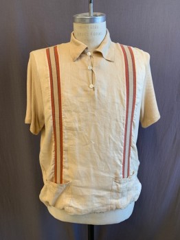 LEVI'S STRAUSS, Khaki Brown, Wool, Cotton, C.A., 1/4 Button Front, S/S, 2 Pockets, Burnt Orange Vertical Stripes