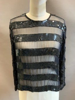 Womens, Evening Tops, NL, Black, Synthetic, Stripes, Solid, B40, 3/4 Sleeves, Button Back Closure, CN, Sequin Stripes On Georgette, Beaded Trim