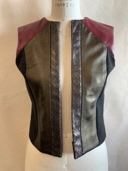 Womens, Sci-Fi/Fantasy Vest, MTO, Silver, Gold, Dk Gray, Faux Leather, Wool, Color Blocking, B37.5, Open Front