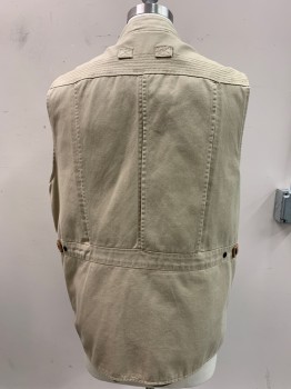 Mens, Wilderness Vest, ORVIS, Khaki Brown, Cotton, Nylon, Solid, L, V-N, Zip Front, Back Vents, Snap Tabs Side Waist Stitched Yokes, Lots Of Pockets, Leather Details