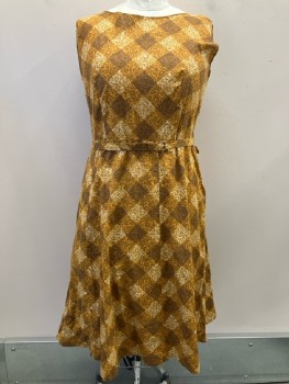 Womens, 1960s Vintage, Piece 2, N/L, W: 40, B: 42, H: 50, Dress, Gold/ Multi-color, Gingham, Boat Neck, Sleeveless, Side Zip, With Matching Belt