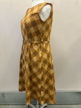 Womens, 1960s Vintage, Piece 2, N/L, W: 40, B: 42, H: 50, Dress, Gold/ Multi-color, Gingham, Boat Neck, Sleeveless, Side Zip, With Matching Belt