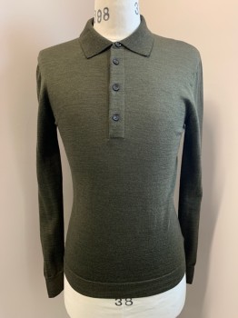 Mens, Pullover Sweater, BILLY REID, Olive Green, Wool, Solid, S, L/S, Collar Attached, 4 Button Placket