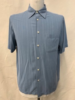 Mens, Casual Shirt, CLAIBORNE, French Blue, Silk, Stripes, L, S/S, Button Front, Collar Attached, Chest Pocket