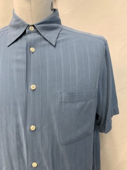 Mens, Casual Shirt, CLAIBORNE, French Blue, Silk, Stripes, L, S/S, Button Front, Collar Attached, Chest Pocket