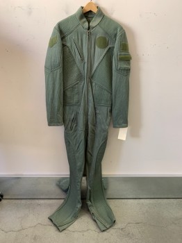 Unisex, Sci-Fi/Fantasy Jumpsuit, N/L, Olive Green, Synthetic, Solid, C:42, Bumpy Textured, Long Sleeves, Full Legs, Stand Collar, Zip Front, Various Ribbed Panels, and Pockets/Compartments, Elastic Panel At Center Back Waist, Made To Order
