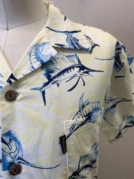 Mens, Hawaiian Shirt, PALMWAVE, Yellow, Blue, Cotton, Fish, M, C.A., Button Front, S/S, 1 Pocket,