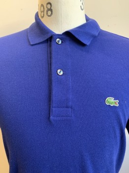 LACOSTE, Blue, Cotton, Solid, S/S, Collar Attached, 2 Buttons, Logo On Chest
