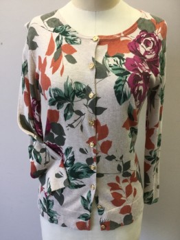 PARFAIT, Tan Brown, Rust Orange, Orchid Purple, Magenta Purple, Green, Cotton, Floral, Heather Tan/light Brown Flat Knit, Round Neck with Self Small Ribbed Trim, Gold Button Front, Long Sleeves,
