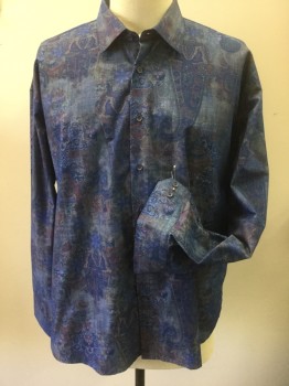 INTERATIONAL LAUNDRY, Blue, Navy Blue, Yellow, Red Burgundy, Cotton, Paisley/Swirls, Long Sleeves, Button Front, Faded Paisley Design