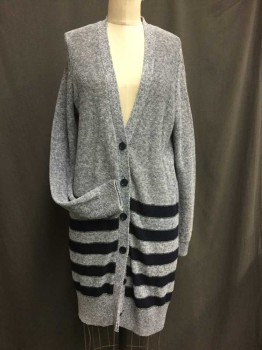 Womens, Cardigan Sweater, NORDSTROM COLLECTION, White, Lt Blue, Navy Blue, Linen, Nylon, Heathered, Stripes - Horizontal , S, Knee Length, Deep V-neck, Long Sleeves, Button Front,