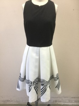 Womens, Dress, Sleeveless, TED BAKER, Black, White, Polyester, Viscose, Solid, Novelty Pattern, 2, Top Half is Solid Black Stretch Ponte, Sleeveless, Round Neck,  Invisible Zipper at Center Front, Bottom Half is White Faille with Black Bows Graphic/Print Near Hem, Large Box Pleats at Waist, Hem Above Knee,  Gold Zipper at Center Back  **Barcode is on Pocket Lining