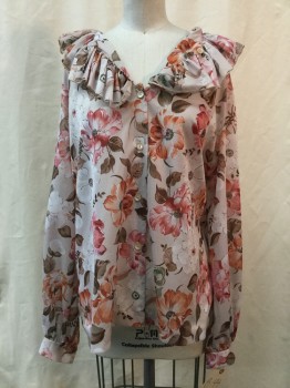 TEDDI OF CALIFORNIA, Lt Gray, Red, Orange, Brown, White, Synthetic, Floral, L/S, Button Front, V-neck with Ruffle Trim