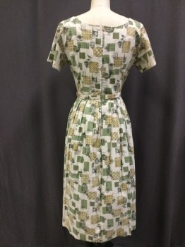 N/L, Ecru, Olive Green, Ochre Brown-Yellow, Cotton, Novelty Pattern, Geometric, Scoop Neck, Short Sleeves, Back Zipper, Belt Loops, MATCHING BELT with  Covered Buckle, Pleated Skirt