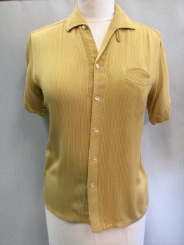 Mens, Casual Shirt, N/L, Dijon Yellow, Tan Brown, Polyester, Stripes, C36, S, S/S, B.F., C.A., 1 Pckt, Cuffed Sleeves, Pleated At Back Yoke,