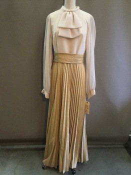 Beige, Gold, Synthetic, Beige Top with Self Ascot, Accordion Pleated Metallic Gold Skirt with Self Belt