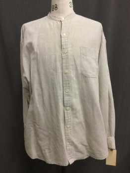 Beige, Cotton, Heathered, Button Front, Collar Band, Long Sleeves, 1 Pocket,