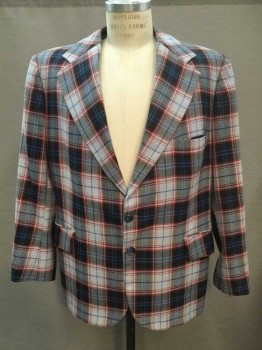 Mens, Blazer/Sport Co, Diamond, Lt Gray, Black, Red, Blue, Wool, Plaid, 42R, Single Breasted, Collar Attached, Notched Lapel, 3 Pockets, 2 Buttons, Paisley Lining