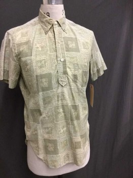 Mens, Casual Shirt, JANTZEN, Cream, Olive Green, Cotton, Geometric, Abstract , M, Cream W/olive Abstract Square Print, 3 Button Front, Button Down Collar Attached, , Short Sleeve,  Pull-over