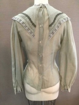 N/L, Green, Olive Green, Gray, Brown, Cotton, Lace, Solid, Lightweight Sheer Cotton, Long Sleeves, Buttons In Back, Triangular Oversized Collar, Light Gray Lace Edge At Neck, Collar, and Cuffs, Collar Has Olive Trim and Stripe Of Faggoting Along Edge, Brown Satin Rosette At Center Front Neck, Gathered Puffy Sleeves, Made To Order,