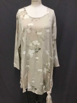 Womens, Top, HARARI, Beige, White, Sage Green, Tan Brown, Silk, Floral, B42, M, Long Tunic Top, Floral Pattern Silk Crepe, Long Sleeves,  Asymmetrical Hem Knotted at Longer End, Hem Above To Just Below Knees