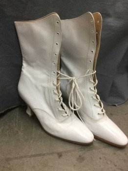 N/L, White, Leather, Solid, Ankle Boot, Rounded Point Toe, Lace Up, 2.5" Heel, Reproduction