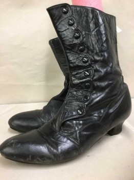 Womens, Boots 1890s-1910s, N/L, Black, Leather, Solid, 9, 1.5" Heel, Mid-calf, Scallopped Edge Snap Side Boot, Aged/Distressed,