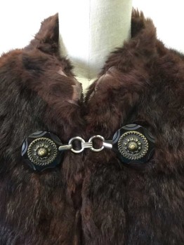 Womens, Fur, N/L, Dk Brown, Fur, Silk, Solid, S, Fur Coat, Dark Brown Beaver Fur, Padded Shoulders, Gold and Black Oversized Button Toggle Closures at Center Front Neck, 1 Oversize Marbled Stone Button with Loop Closure at Center Front Waist, Black Silk Satin Lining, *Wear at Center Front Neck, Cuffs, Mildred Pierce