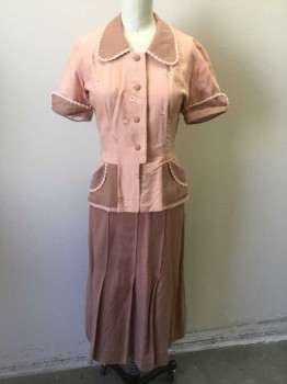 Womens, 1930s Vintage, Top, N/L, Lt Pink, Lt Brown, White, Cherry Red, Cotton, Floral, W:24, B:32, Light Pink with Brown, White, Cherry Sparse Floral Pattern, Short Sleeves, Solid Light Crown Rounded Collar, Folded Up Cuffs, and Pockets at Hips, Light Pink Scallopped Trim at Neck, Cuffs and Pockets, 4 Self Covered Buttons, Peplum Waist, Made To Order Reproduction **Has Some Black Stains at Center Back Neck on Collar