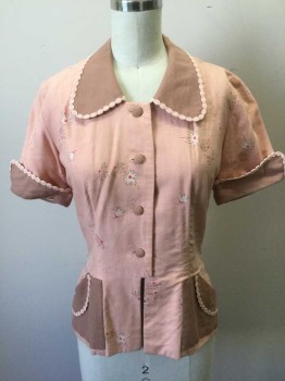 Womens, 1930s Vintage, Top, N/L, Lt Pink, Lt Brown, White, Cherry Red, Cotton, Floral, W:24, B:32, Light Pink with Brown, White, Cherry Sparse Floral Pattern, Short Sleeves, Solid Light Crown Rounded Collar, Folded Up Cuffs, and Pockets at Hips, Light Pink Scallopped Trim at Neck, Cuffs and Pockets, 4 Self Covered Buttons, Peplum Waist, Made To Order Reproduction **Has Some Black Stains at Center Back Neck on Collar