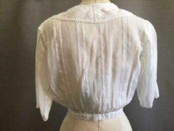 M.T.O., White, Cotton, Stripes, Upper Class Womens Blouse, Hidden Snap Front Closure, Tiny Buttons at Center Front Upper, V.neck, 3/4 Sleeves, Large Collar with Lace Trim, Stains Underarms. Blouse Gathered to Waistband. Cropped Blouse,