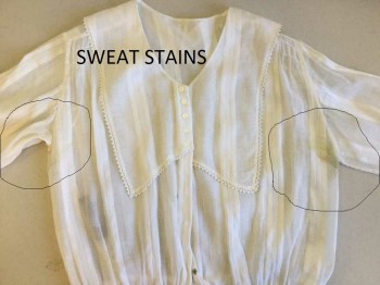 M.T.O., White, Cotton, Stripes, Upper Class Womens Blouse, Hidden Snap Front Closure, Tiny Buttons at Center Front Upper, V.neck, 3/4 Sleeves, Large Collar with Lace Trim, Stains Underarms. Blouse Gathered to Waistband. Cropped Blouse,