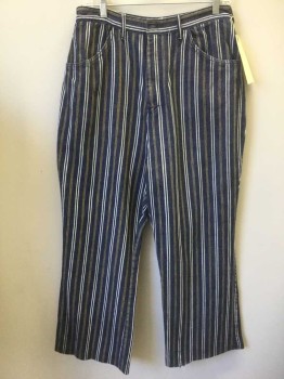Womens, Pants, N/L, Denim Blue, White, Mustard Yellow, Cotton, Stripes - Vertical , 25, 29, Flat Front, 4 Pockets, Zip Front, Belt Loops, Twill, Printed Patterned Stripes